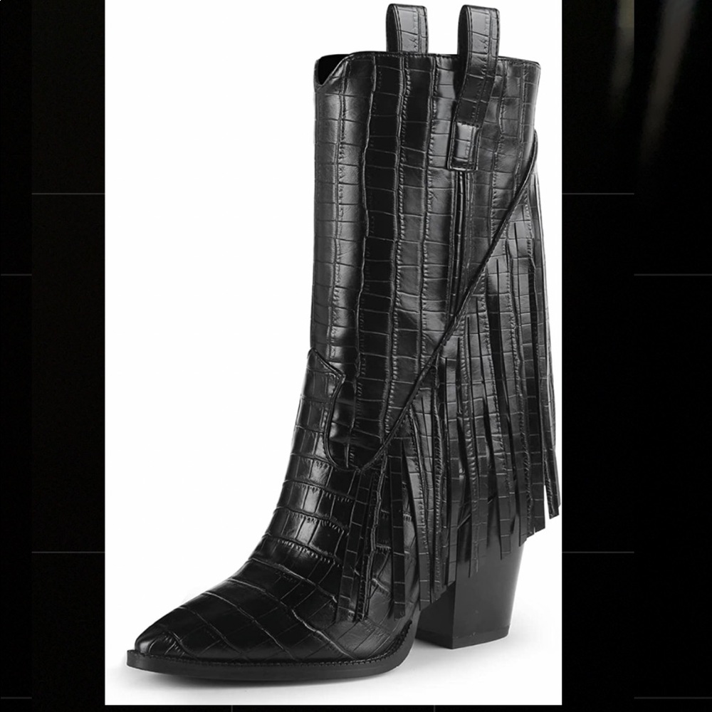 Mid calf western fringe heel